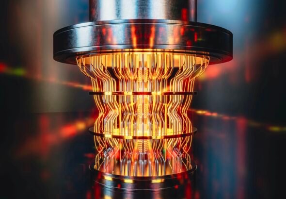 A futuristic glowing quantum computer unit, 3d render